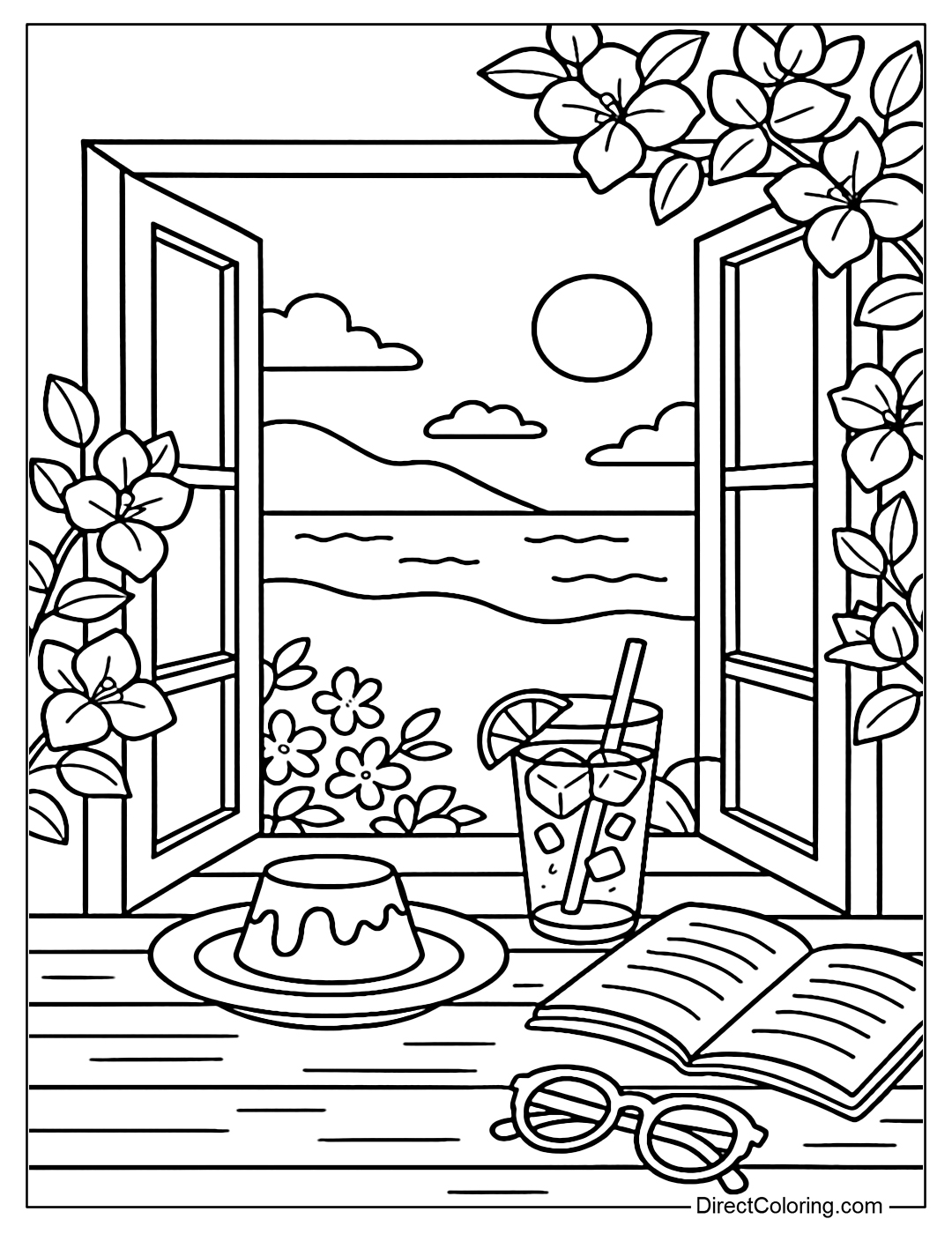 Coloring page of an open window to a summer scene, with a plate of flan and a glass of iced tea placed by the window – surrounded by paper flowers and books.
